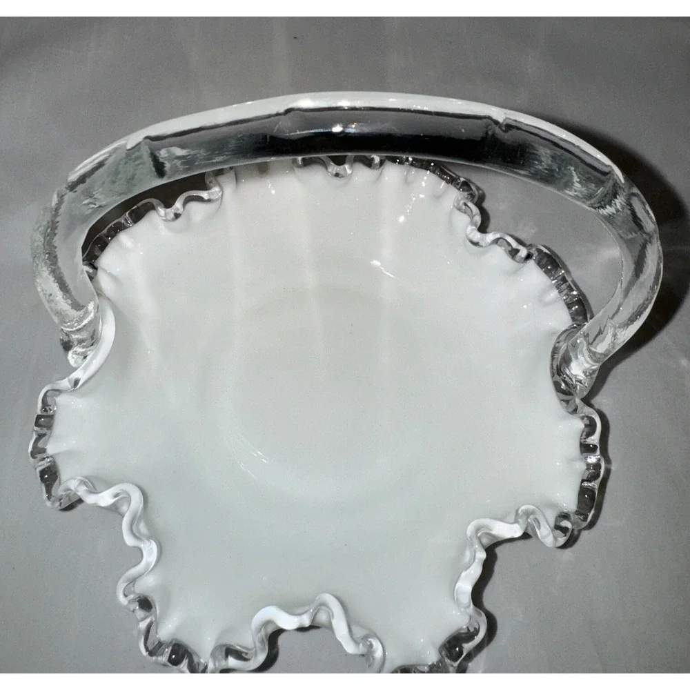 Vintage Fenton Silver Crest White Milk Glass Ruffle‎ Edged Basket Bamboo Handle
